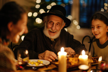 Obraz na płótnie Canvas Happy Jewish senior man celebrates Hanukkah with his family at dining table
