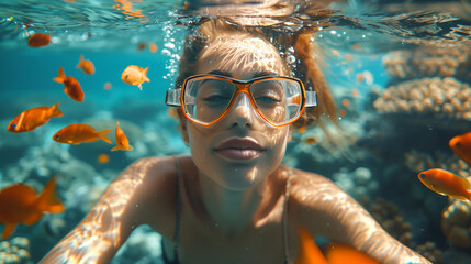 Fototapeta premium woman snorkeling underwater with fish in the coral reef sea pool. Travel lifestyle, watersport adventure, swim activity on a summer beach holiday in Thailand