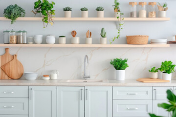 Scandinavian-style kitchen with pastel cabinetry, floating wooden shelves adorned with plants and kitchen essentials against a marble backsplash.