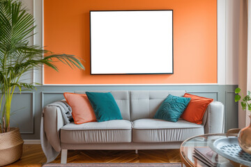 Stylish living room with a pastel orange accent wall, grey sofa adorned with colorful cushions, and indoor plants.