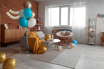 Interior of stylish living room decorated for dog birthday party