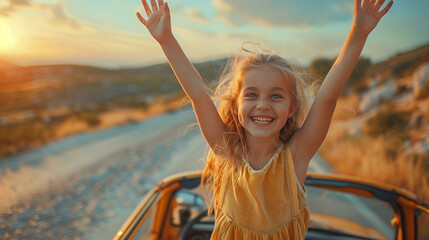 happy child girl goes to a summer travel trip in the car, a summer road trip at sunset, kid with hands up - obrazy, fototapety, plakaty