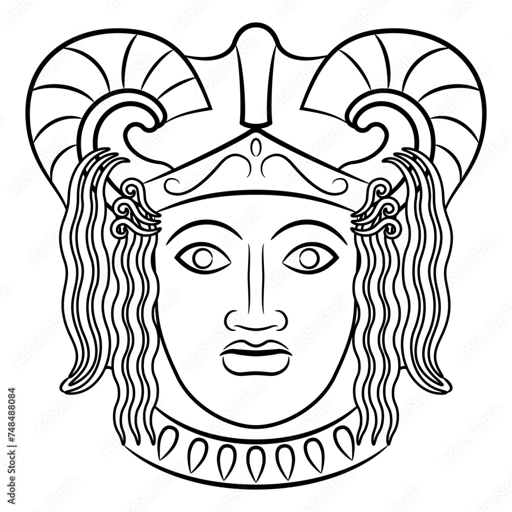 Wall mural Antique mask. Head of a warrior woman or goddess wearing helmet. Black and white linear silhouette.