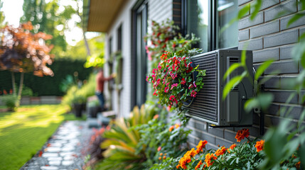 air source heat pump unit installed outdoors at a modern home with flowers