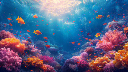 Fototapeta na wymiar underwater with fishes in the coral reef sea pool. Travel lifestyle, watersport adventure, swim activity on a summer beach holiday in Thailand