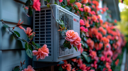 air source heat pump unit installed outdoors at home in the Netherlands, warmte pomp, translation air source heat pump, airco with flowers at spring for warming and cooling, green label concept house
