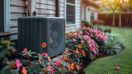 air source heat pump outdoor unit. The energy stored in the air is simply extracted and can be used for heating in winter, hot water, and cooling at summer - obrazy, fototapety, plakaty