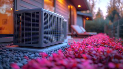 Modern outdoor module of heat pump heating with flowers at Spring - obrazy, fototapety, plakaty