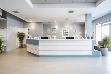 A modern reception area of a veterinary clinic with a clean and minimalistic design.