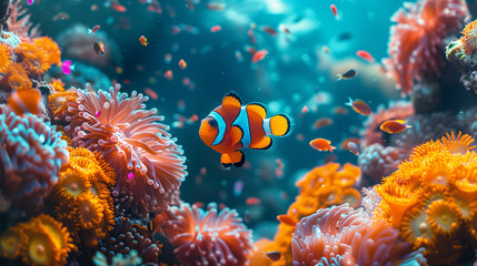 Fototapeta na wymiar tropical coral reef, dive underwater with Nemo fishes in the coral reef sea pool. Travel lifestyle, watersport adventure, swim activity on a summer beach holiday in Thailand