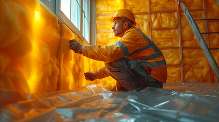 house wall insulation. construction worker installing glass wool,worker insulates the walls with mineral wool