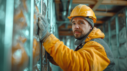 worker insulates the walls with mineral wool
