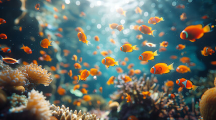 dive underwater with Nemo fishes in the coral reef sea pool. Travel lifestyle, watersport adventure, swim activity on a summer beach holiday in Thailand