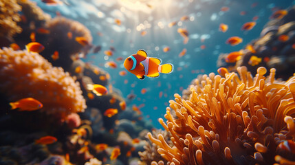 Naklejka na ściany i meble Nemo fishes in the coral reef sea pool. Travel lifestyle, watersport adventure, swim activity on a summer beach holiday in Thailand