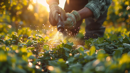 close up of a Farmer spraying herbicides, pesticides, or insecticides on vegetable green plants with protective clothes and gloves - obrazy, fototapety, plakaty