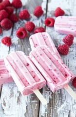 Raspberry Ice Cream Bars With Fresh Mint on a Rustic Wooden Background