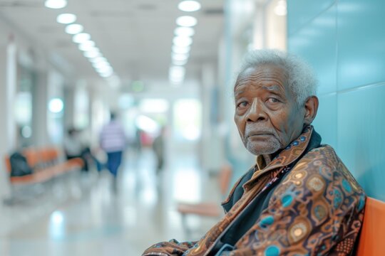 Senior African American man sitting contemplatively in a hospital waiting room. Hospital queue - Powered by Adobe