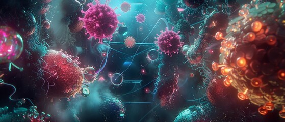 3D-rendered viruses and cells floating in a dark, with holographic data and molecular structures