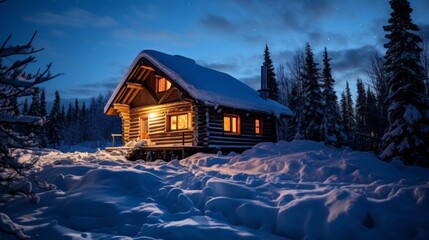 A log cabin, a wooden house with lighted windows in the forest on a snowy winter night.
