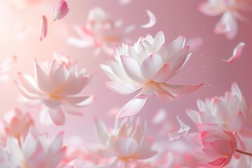 a flying big white falling flower art, wedding romantic bloom lotus nature celebration background, decoration pastel pink holiday creative valentine birthday background