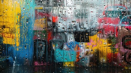 Raindrops on Window with Colorful Graffiti