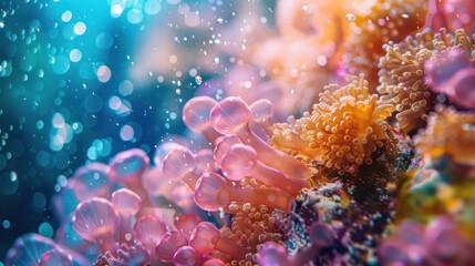 Fototapeta na wymiar Vibrant Underwater Sea Anemones and Bubbles