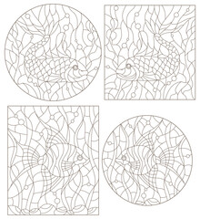 A set of contour illustrations of stained glass Windows with fishes, dark contours on a white background