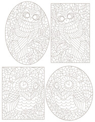 Set of contour illustrations of stained glass Windows with cute cartoon owls on tree branches, dark outlines on a white background