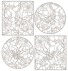 Set of outline illustrations with insects and flowers, Rhino beetle and bee, dark outlines on white background
