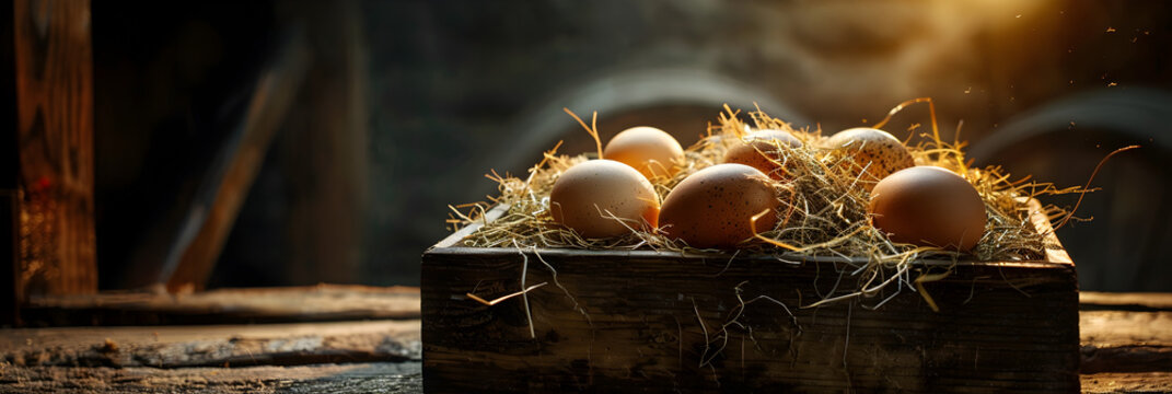 A wooden box with eggs in it and a few wheat ears on the side,A brown egg sits on straw in front of a barn.