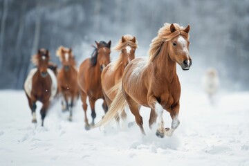 Herd of wild horses galloping vigorously through a snowy landscape with trees in the background.