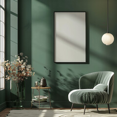 Minimalistic Poster Mockup on Dark Green Wall with Blank Picture Frame