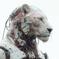 portrait of a robotic lion with cables and wires