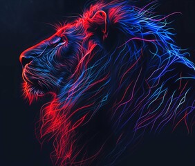 a Lion with a huge mane with  red and blue lighting
