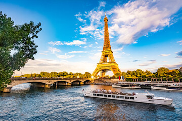 Scenic panorama of Eiffel Tower, Seine River, and pont d'lena in Paris, France - obrazy, fototapety, plakaty
