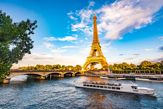 Scenic panorama of Eiffel Tower, Seine River, and pont d'lena in Paris, France