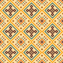 Ethnic fabric pattern showcases bold contrasting colors in a seamless geometric design reminiscent of traditional embroidery.