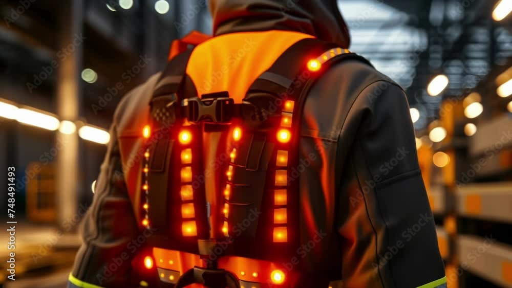Poster a detailed view of an arenabled safety vest equipped with sensors to detect potential hazards and no