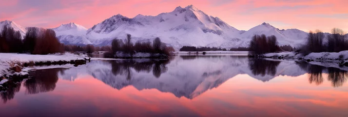Schilderijen op glas Awakening Infinity: A Heavenly Dawn Breaking Over Serene Mountain Lake © Bill