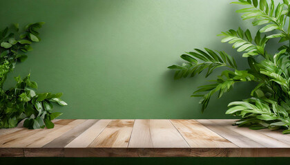 Fresh and Inviting: Wooden Table Product Showcase Mockup with Green Wall Design