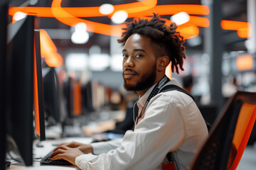 Photo of an unemployed Afro-American IT professional updating skills at a technology center. - obrazy, fototapety, plakaty