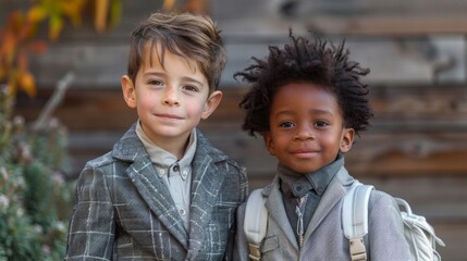 Two Boys in Stylish Suits and Backpacks