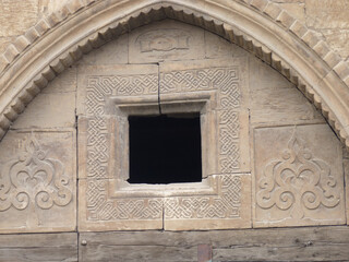 Old house wall in Turkey, old ottoman architecture and wooden historical wall, two crescents and...