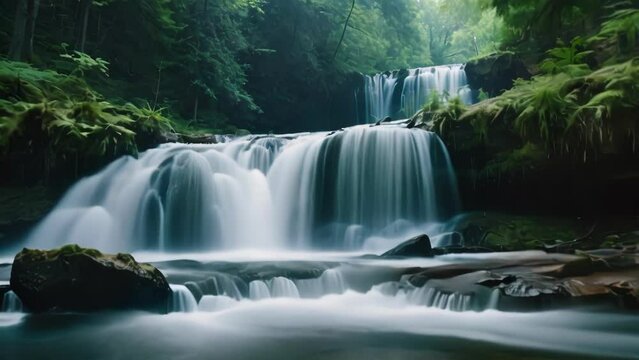 Enchanting Forest Waterfall: A mesmerizing cascade of fresh water flowing through a lush green jungle, surrounded by rocks and trees, creating a beautiful natural landscape in the heart of the forest