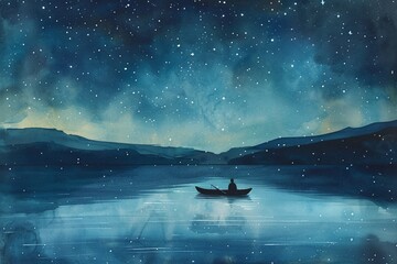 a lone individual in a small boat amidst a vast, calm lake under a starry night sky