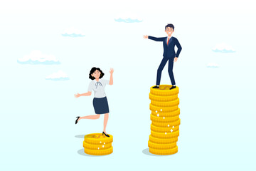 Businessman standing on much more paid money coins, woman on less small income coin, gender pay gap, inequality between man and woman wage salary or income, issue about gender diversification (Vector)