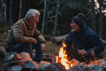 adult man and his senior father talking by campfire in nature - Powered by Adobe