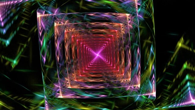 Fractal bright forms moving from center and transforming on black. Multicolored rays of light, spotlights blinking, revolving in squarish shape. Abstract glowing colorful backdrop. 4K UHD 4096x2304
