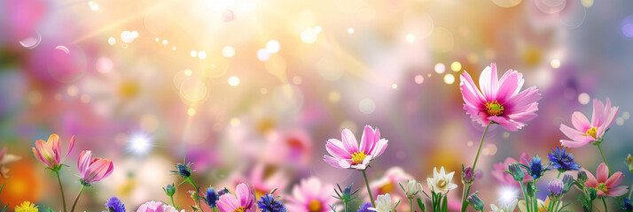 Spring flowers background with sunbeams, perfect for springthemed designs, nature projects,...