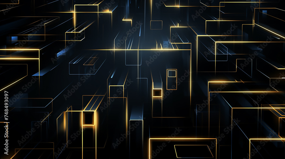 Wall mural modern black and light golden square overlapped pattern on background with shadow. black background.